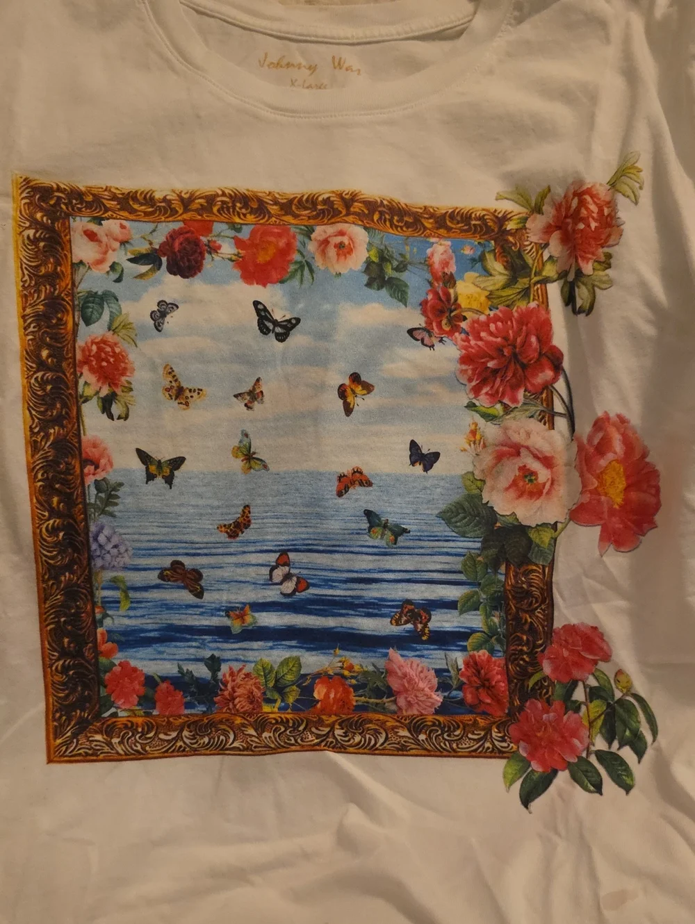 Johnny Was Floral Frame Ocean Print in Blue, Pink, Green, Gold
